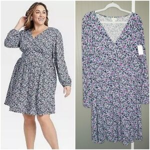 Ava & Viv Floral Corset Midi Dress Baloon Sleeve 1X